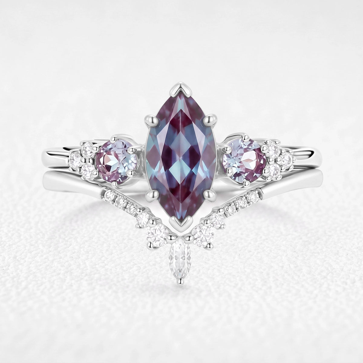 Sylvie’s Frond | Marquise Cut Alexandrite Cluster Chevron Bridal Set 2pcs
