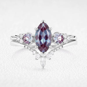 Sylvie’s Frond | Marquise Cut Alexandrite Cluster Chevron Bridal Set 2pcs