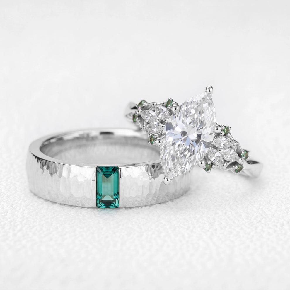 Eleonora’s Keystone | Vintage 2CT Marquise Diamond & Hammered Emerald Couple Set