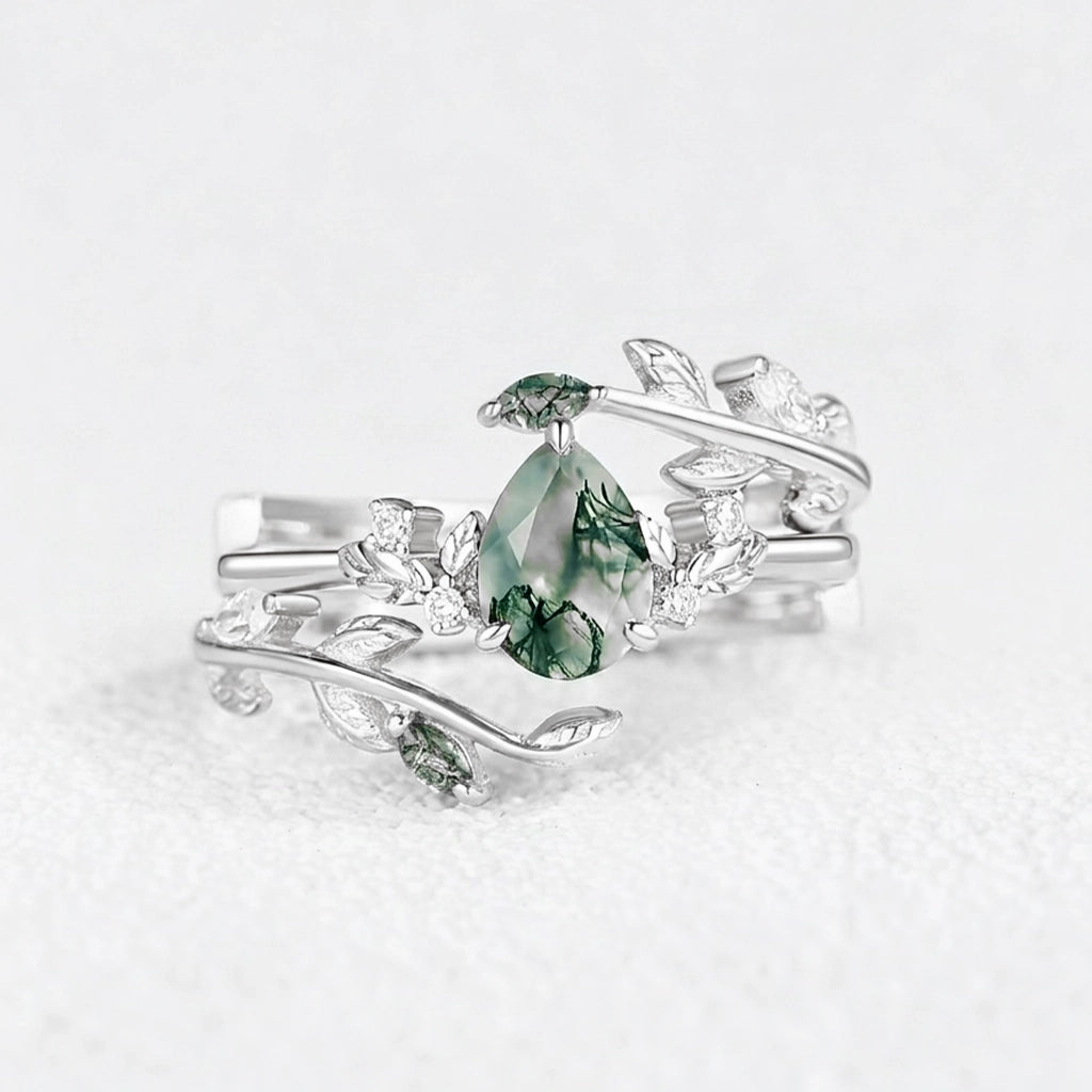 Dawn Pear Cut Moss Agate Leafy Engagement Ring Set 2pcs.