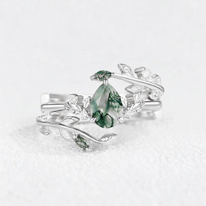 Dawn Pear Cut Moss Agate Leafy Engagement Ring Set 2pcs.