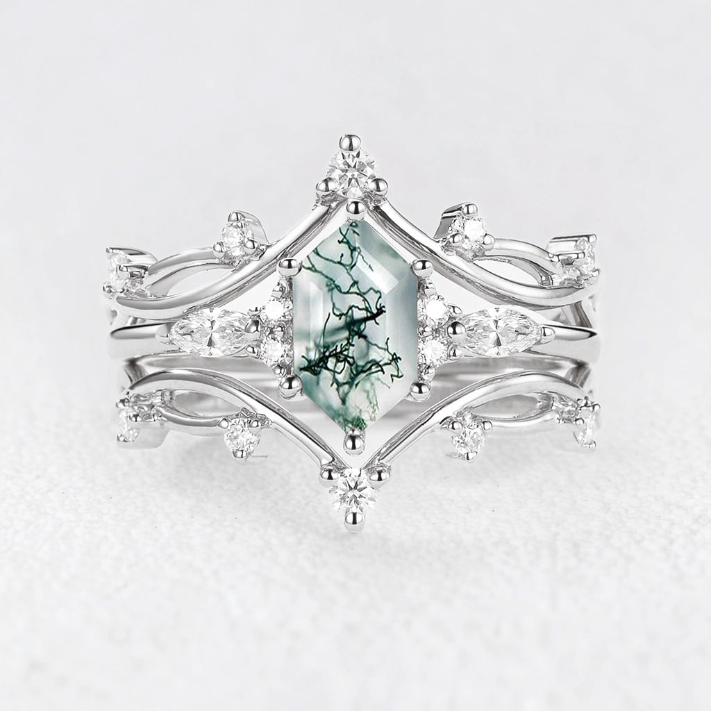 Ivy’s Entwined | Long Hexagon Moss Agate Leafy Bridal Set 3pcs.