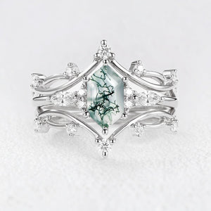 Ivy’s Entwined | Long Hexagon Moss Agate Leafy Bridal Set 3pcs.