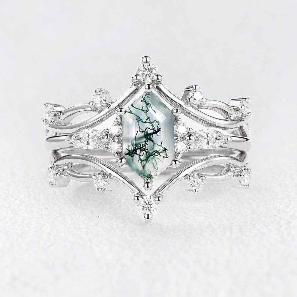 Ivy’s Entwined | Long Hexagon Moss Agate Leafy Bridal Set 3pcs.