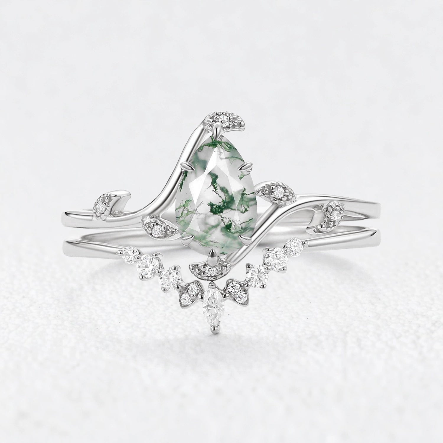 Rosalind’s Vine | Pear Cut Moss Agate Foliage Bridal Duo