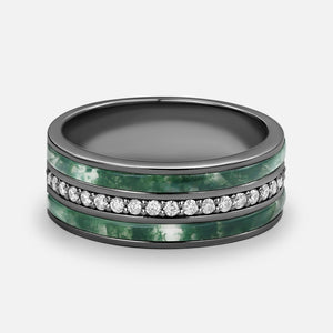 Isolde’s Enclave  | Vintage Long Hexagon Moss Agate & Moissanite Couple Ring Set 3pcs.
