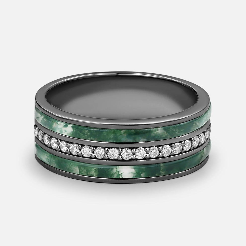 Isolde’s Enclave  | Vintage Long Hexagon Moss Agate & Moissanite Couple Ring Set 3pcs.