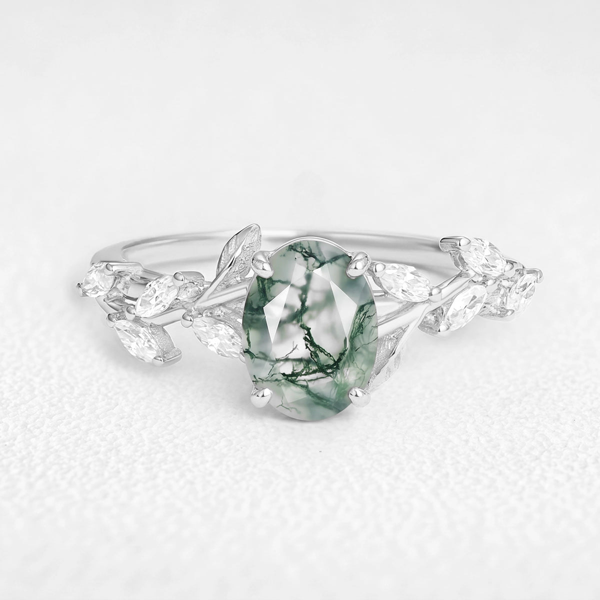 Celandine’s Tendril | Oval Cut Moss Agate Vine Engagement Ring
