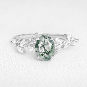 Celandine’s Tendril | Oval Cut Moss Agate Vine Engagement Ring