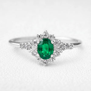 Alexandra’s Verdure | 1.5CT Vintage Oval Emerald Halo Engagement Ring