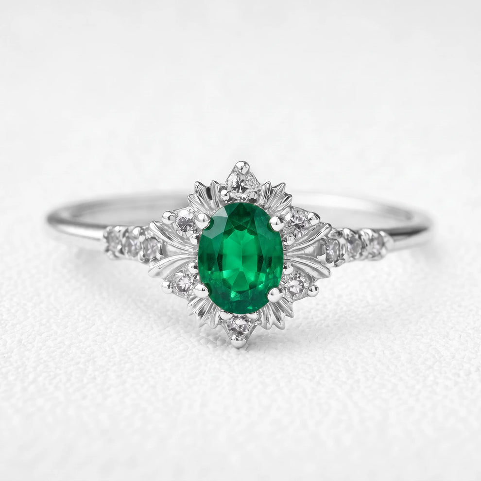 Alexandra’s Verdure | 1.5CT Vintage Oval Emerald Halo Engagement Ring