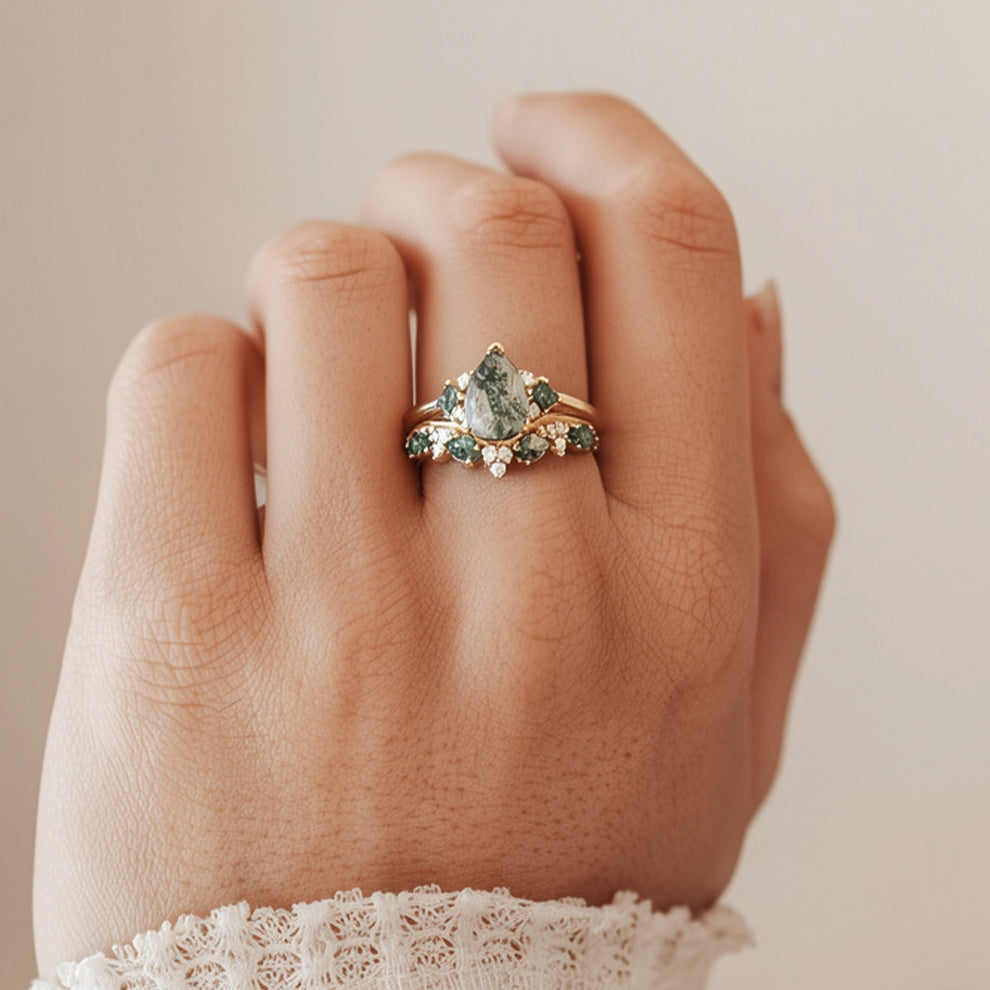 Sylvie’s Vine | Pear Cut Moss Agate Engagement Ring Set 2pcs.
