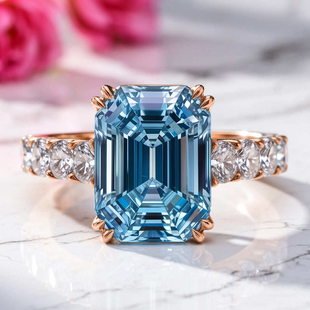 Marina‘s Aegean | 3CT Emerald Cut Blue Gemstone Ring.
