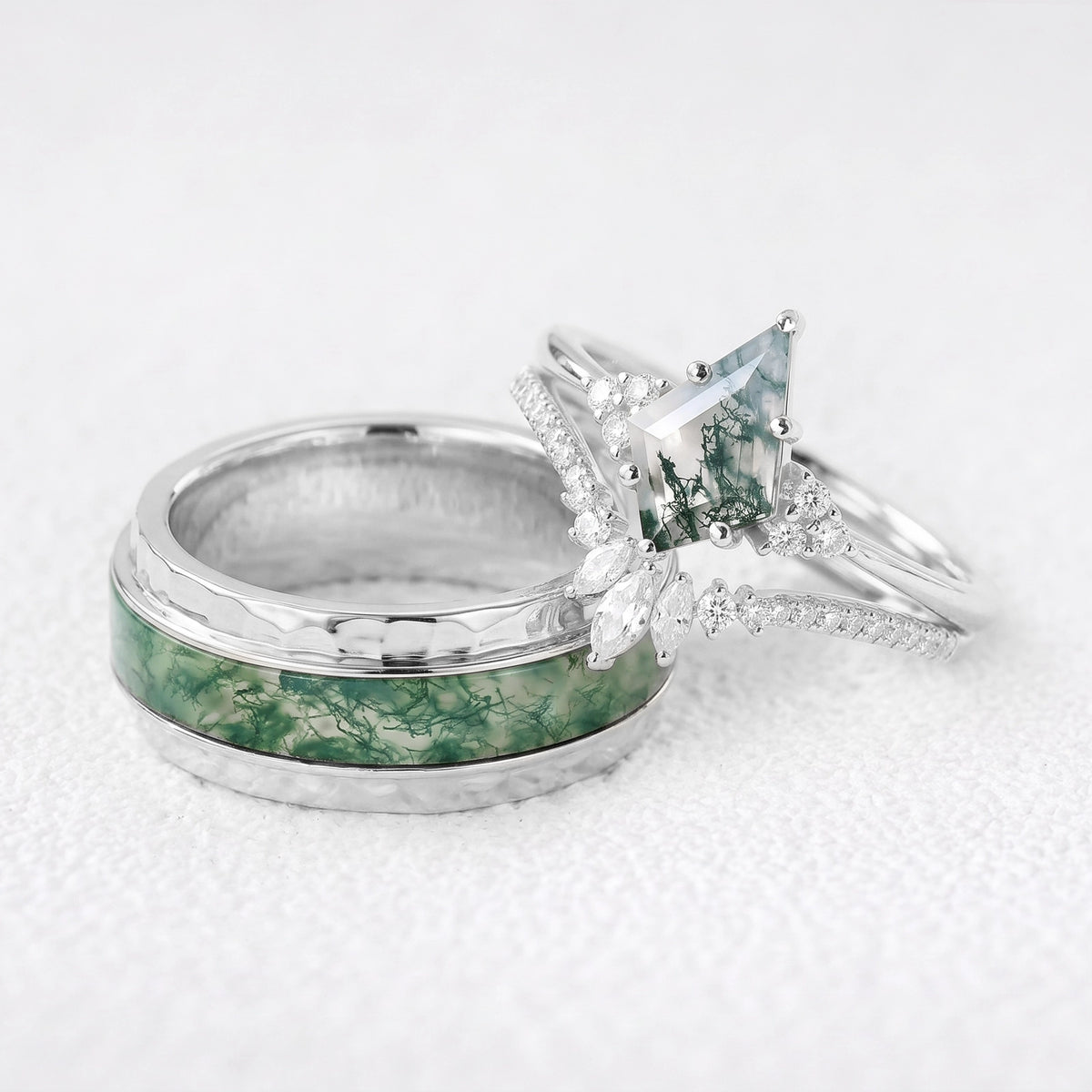 Genevieve’s Harmony | Luxurious Eternal Moss Agate Couple Ring Set 3pcs