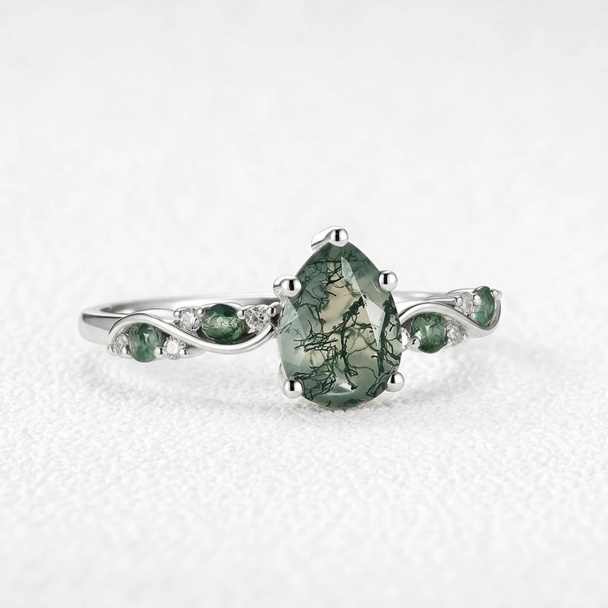 Flora’s Sprig | Pear Cut Moss Agate Engagement Ring