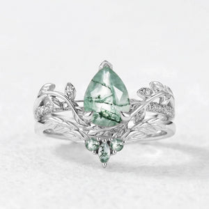 Juniper’s Copse | Pear Cut Moss Agate Cluster Couple Ring Set.