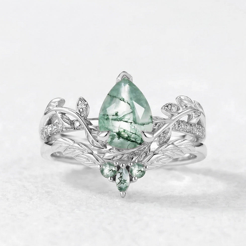 Juniper’s Copse | Pear Cut Moss Agate Cluster Couple Ring Set.