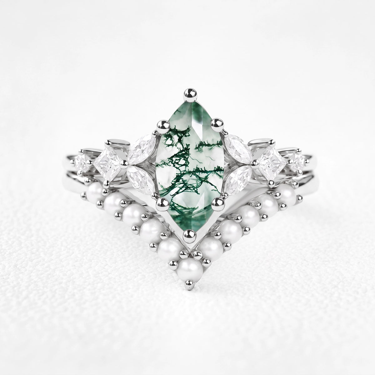 Diana’s Whisper | Marquise Moss Agate & Pearl Chevron Bridal Duo