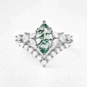Diana’s Whisper | Marquise Moss Agate & Pearl Chevron Bridal Duo