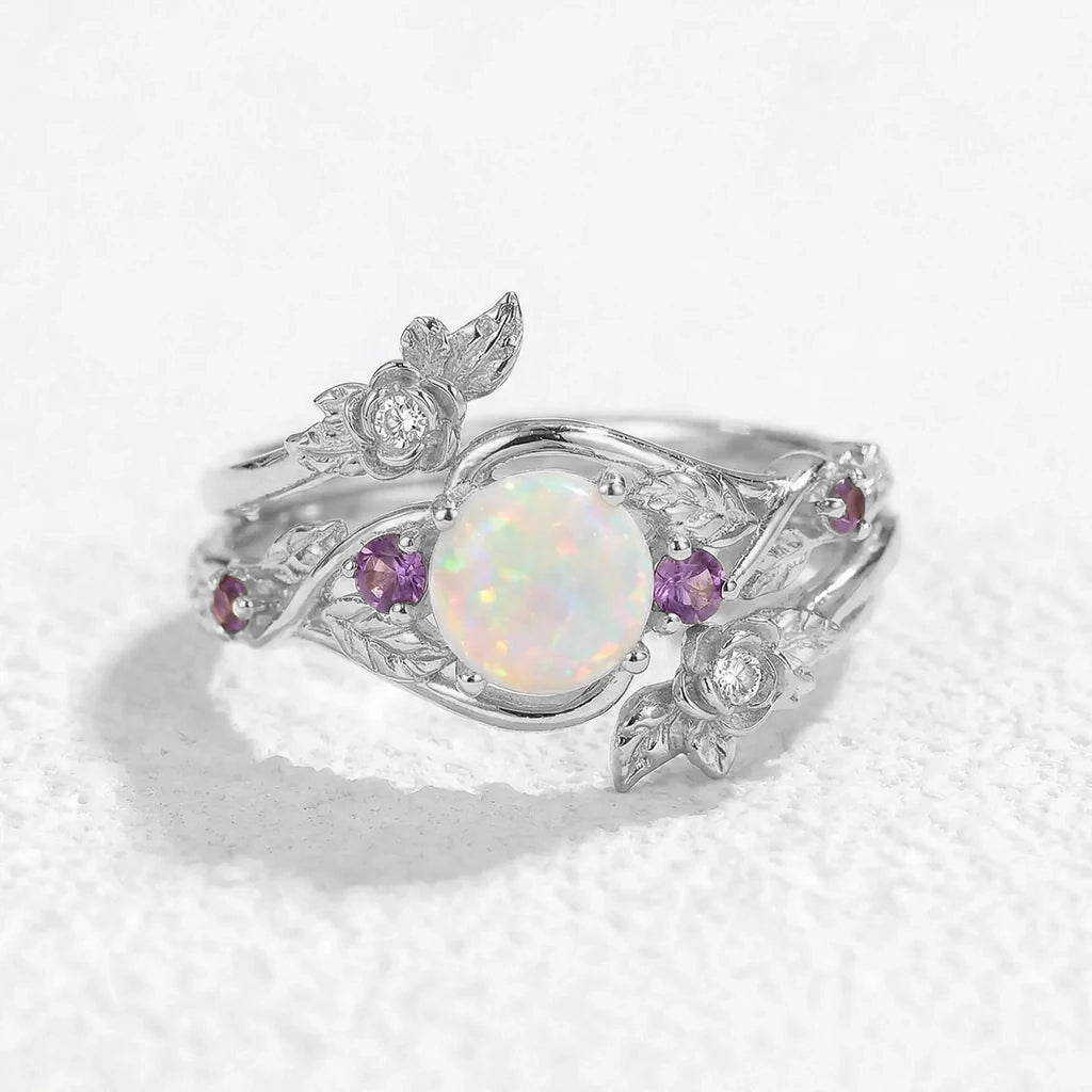 Rose’s Blossom | Opal & Amethyst Bridal Ring Set 2pcs.