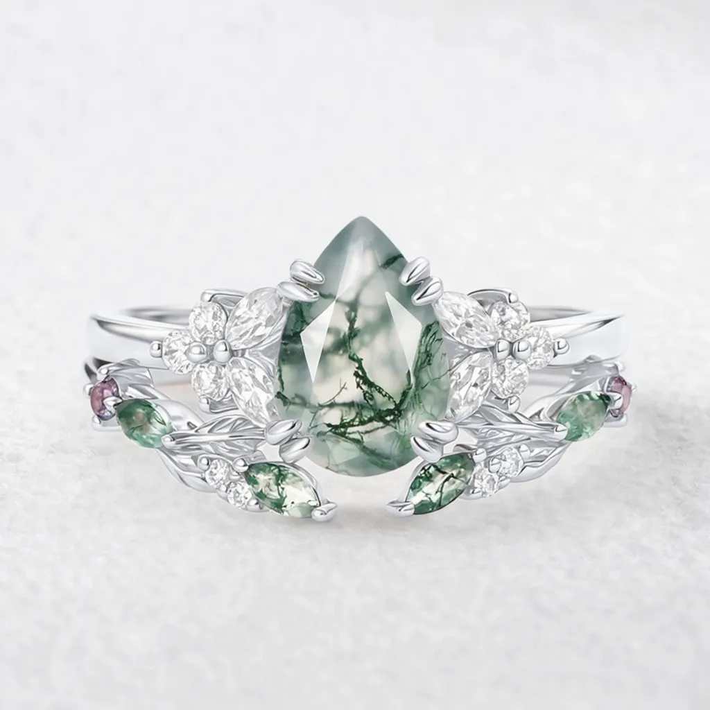 Chloris Pear Shaped Moss Agate Leafy Chevron Gold Ring Set 2pcs.