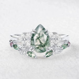 Chloris Pear Shaped Moss Agate Leafy Chevron Gold Ring Set 2pcs.