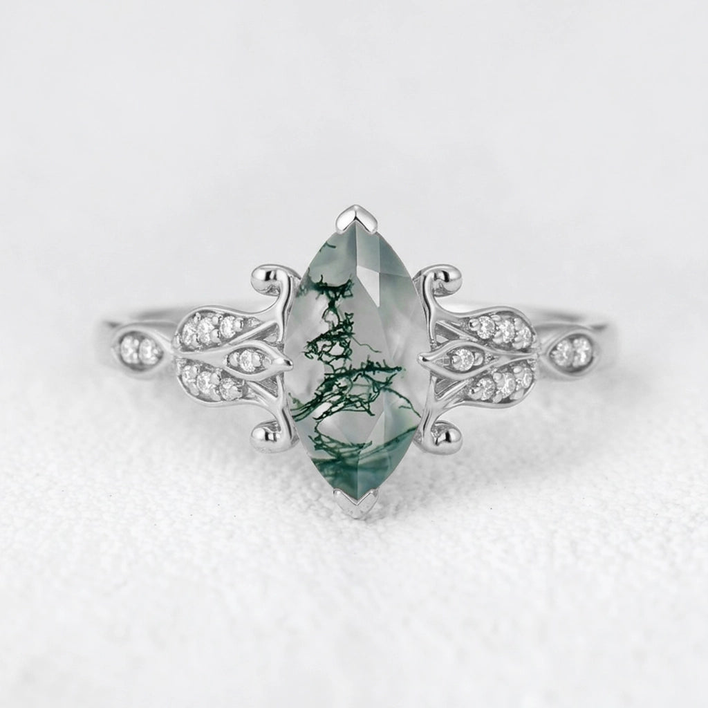 Sylvie’s Shade | Marquise Cut Moss Agate Leaf Vintage Engagement Ring.