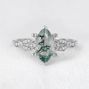 Sylvie’s Shade | Marquise Cut Moss Agate Leaf Vintage Engagement Ring.