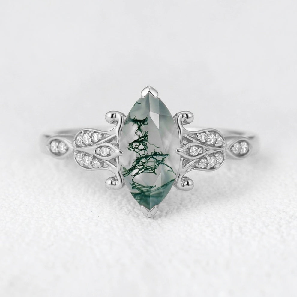 Sylvie’s Shade | Marquise Cut Moss Agate Leaf Vintage Engagement Ring.