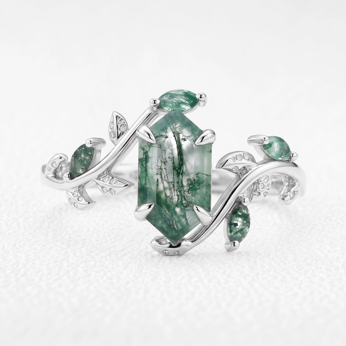 Sylvie’s Herbarium | Vintage Hexagon Moss Agate & Emerald Leafy Engagement Ring