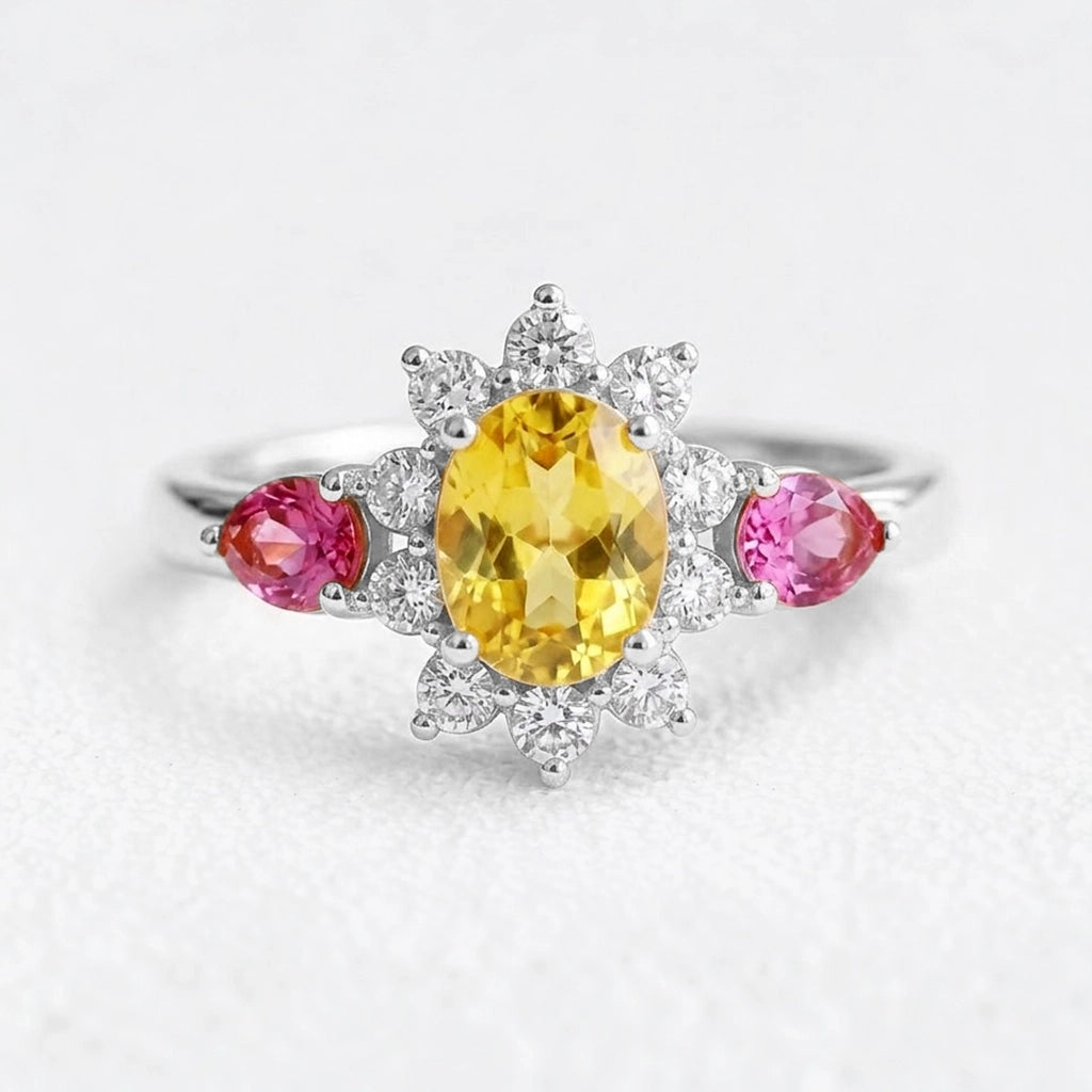 Aurora’s Radiance | Oval Yellow Sapphire Halo Engagement Ring.