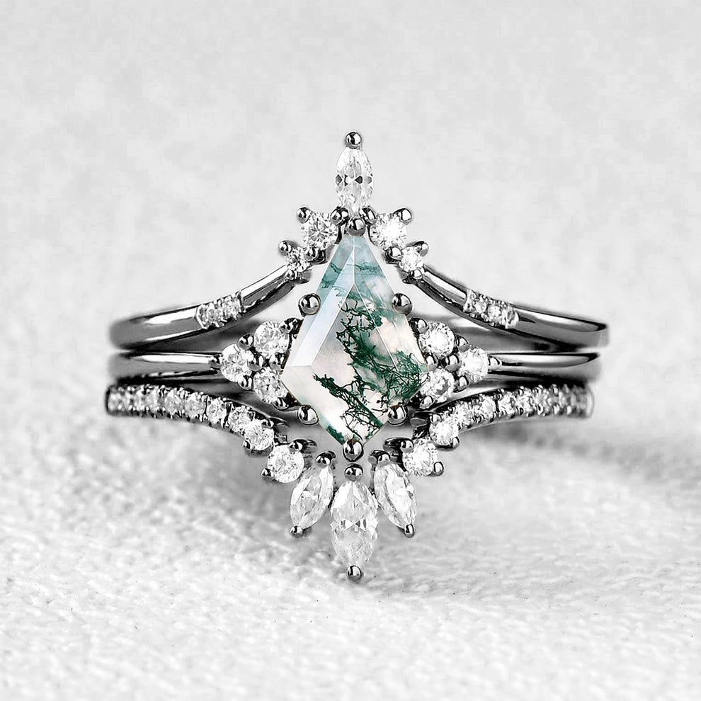Vivienne’s Trilogy | Vintage Kite Cut Moss Agate Bridal Set 3pcs.
