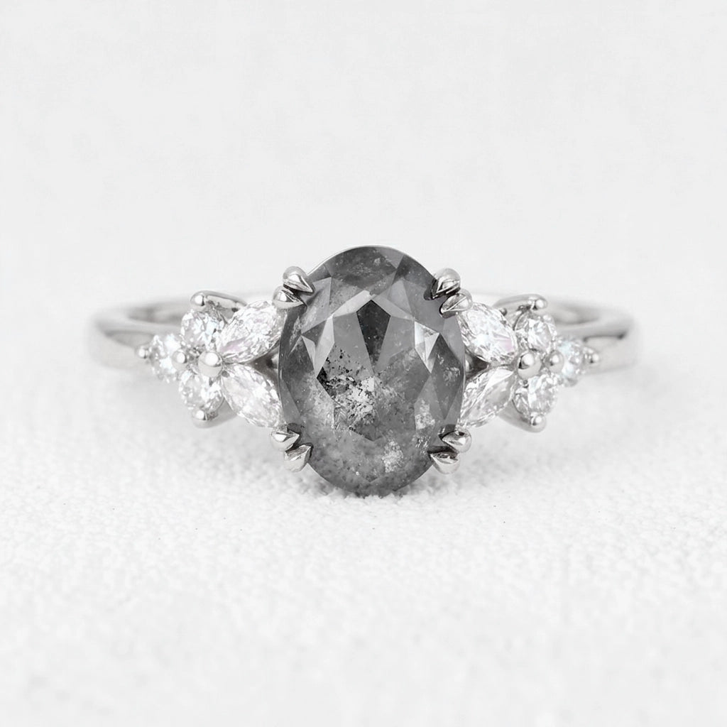 Isadora’s Bloom | 1CT Vintage Oval Salt & Pepper Diamond Cluster Engagement Ring