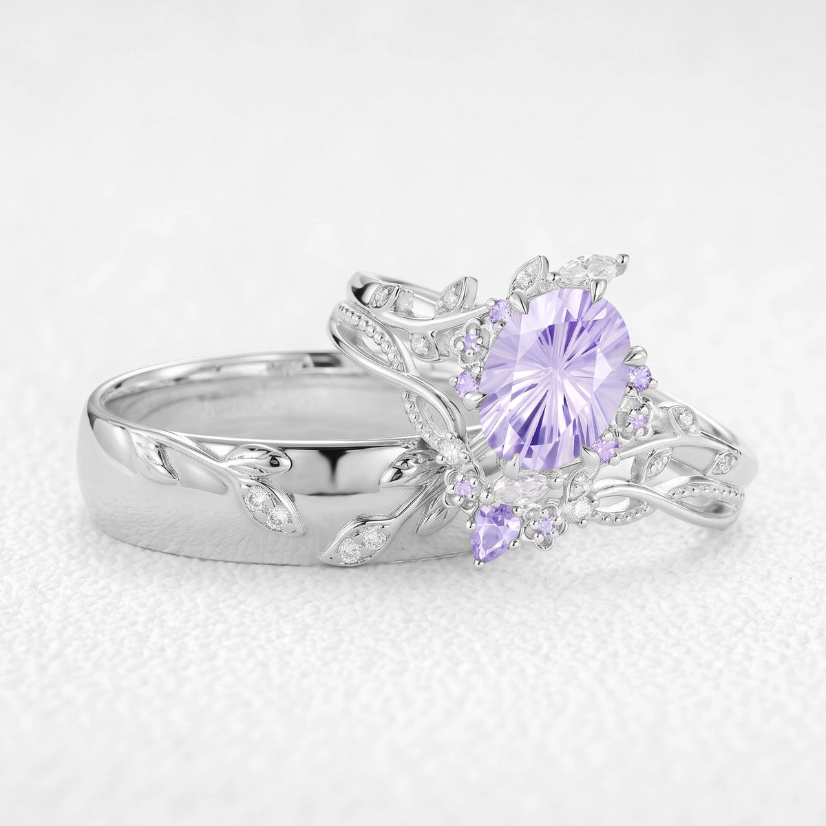 Celine‘s Aquarelle | Firework Cut Lavender Sapphire Chevron & Moissanite Leaf Couple Trio