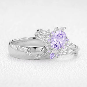 Celine‘s Aquarelle | Firework Cut Lavender Sapphire Chevron & Moissanite Leaf Couple Trio