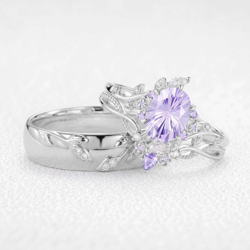 Celine‘s Aquarelle | Firework Cut Lavender Sapphire Chevron & Moissanite Leaf Couple Trio