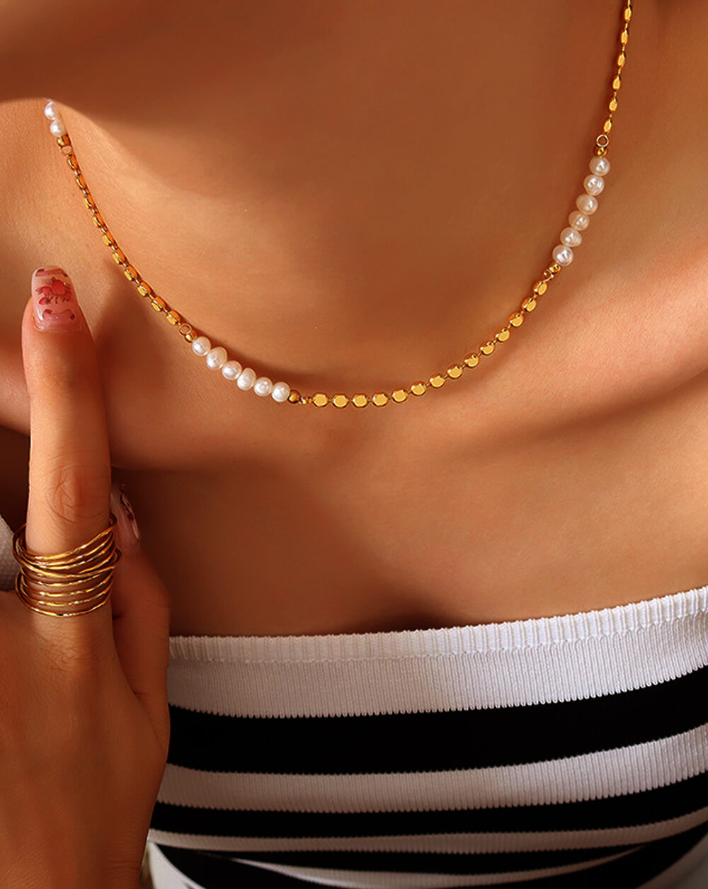 Minimalist Lentil Bead Necklace with Freshwater Pearls