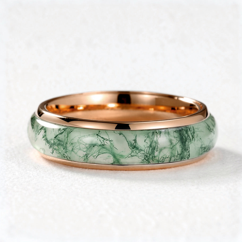 Atlas Arc | Eternal Curved Moss Agate Inlay Wedding Band.