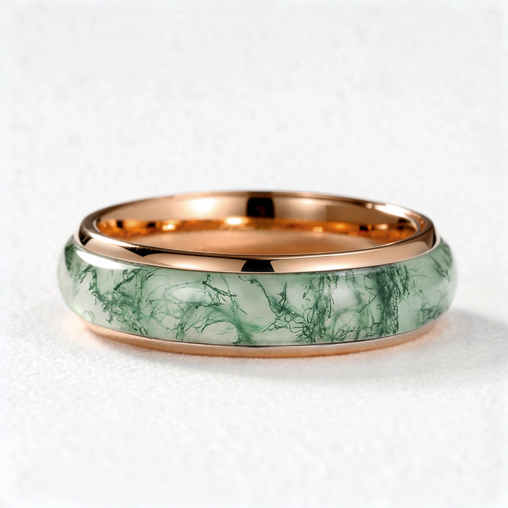Atlas Arc | Eternal Curved Moss Agate Inlay Wedding Band.