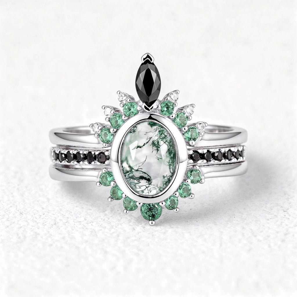 Unique Oval cut Moss Agate Leaf and Vine Promise Ring Set 3pcs.