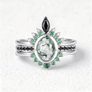 Unique Oval cut Moss Agate Leaf and Vine Promise Ring Set 3pcs.