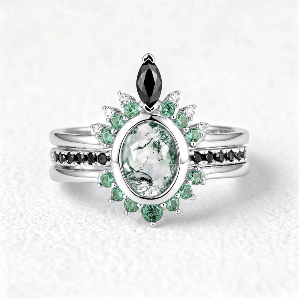 Unique Oval cut Moss Agate Leaf and Vine Promise Ring Set 3pcs.