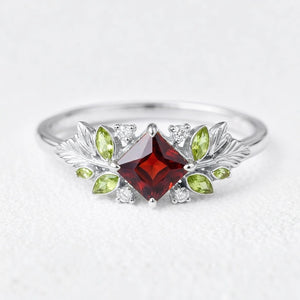 Scarlett’s Harvest | Square Leafy Red Garnet Engagement Ring.