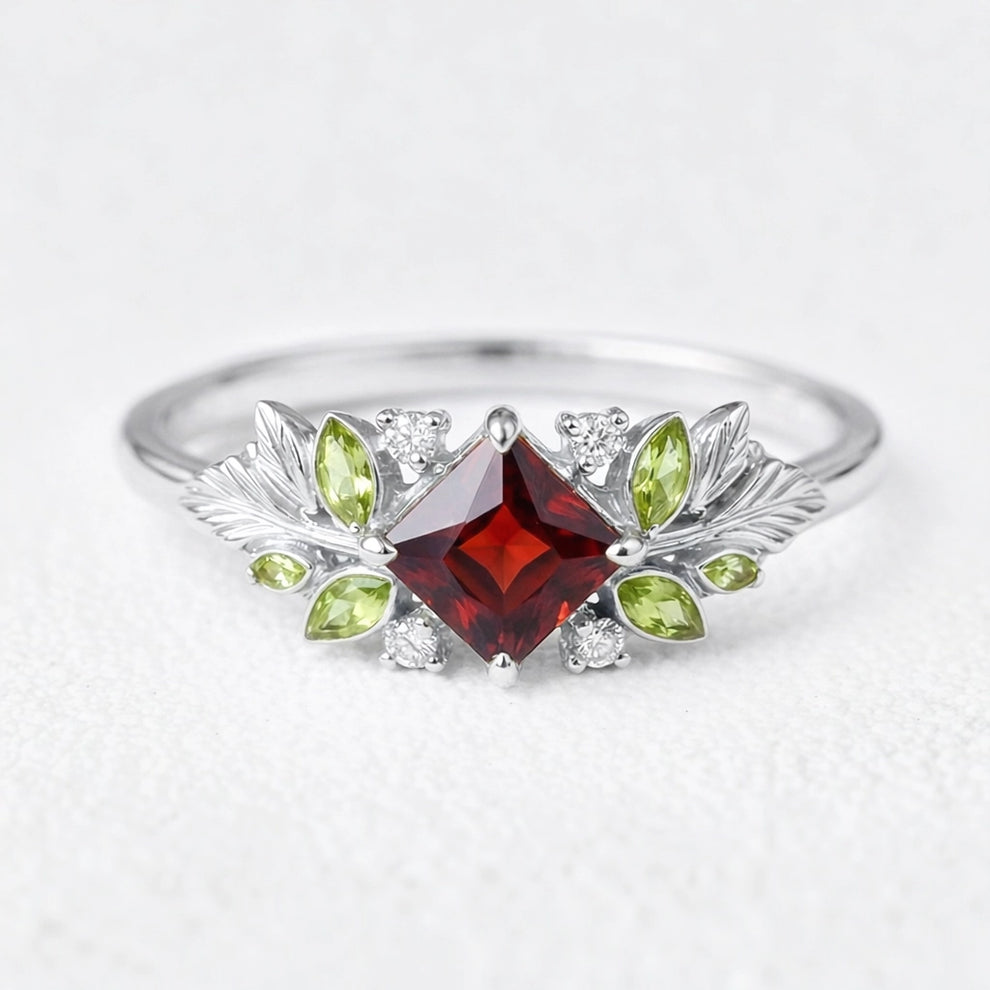 Scarlett’s Harvest | Square Leafy Red Garnet Engagement Ring.
