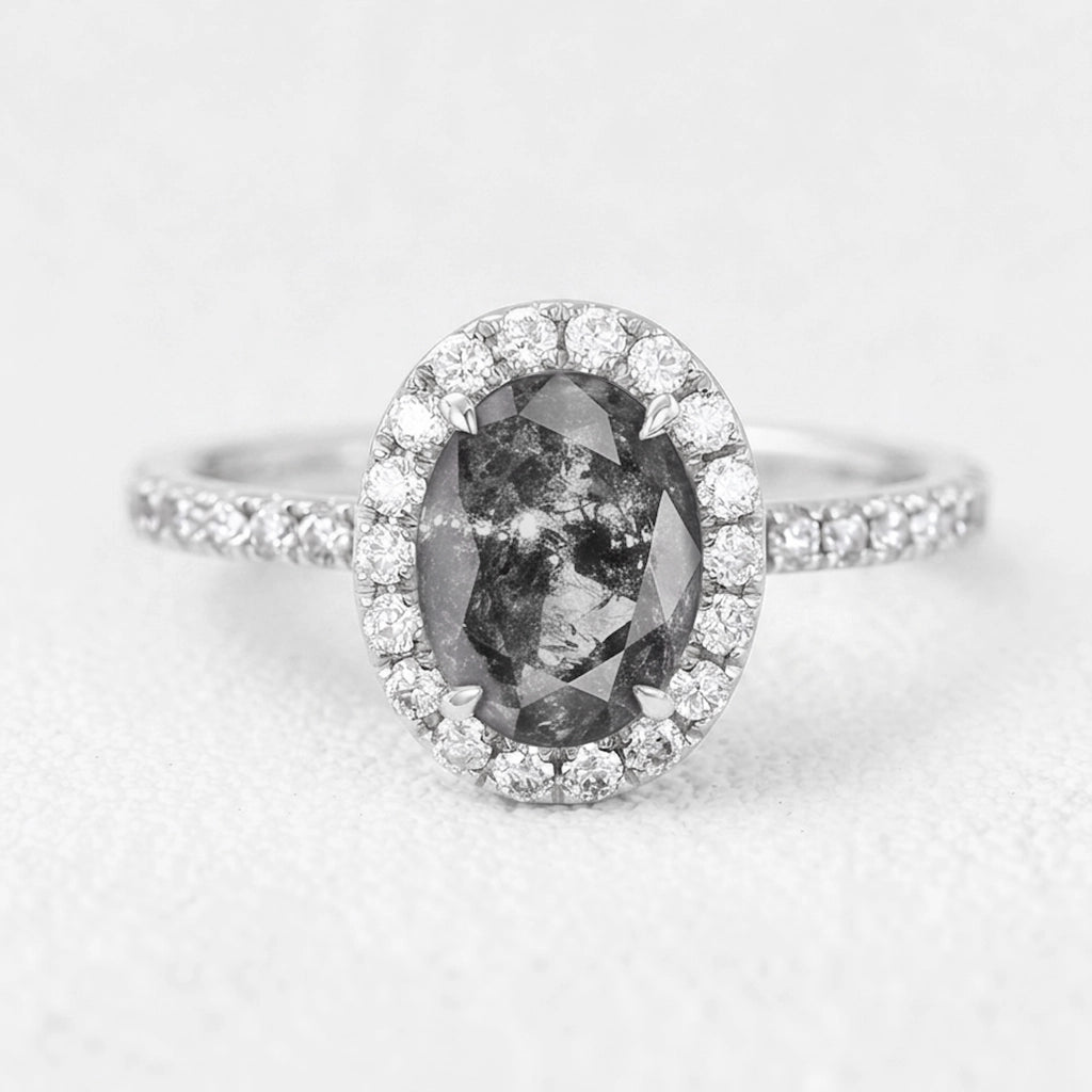 Isadora’s Essence | 1CT Oval Salt & Pepper Diamond Halo Pavé Engagement Ring