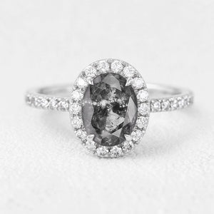 Isadora’s Essence | 1CT Oval Salt & Pepper Diamond Halo Pavé Engagement Ring