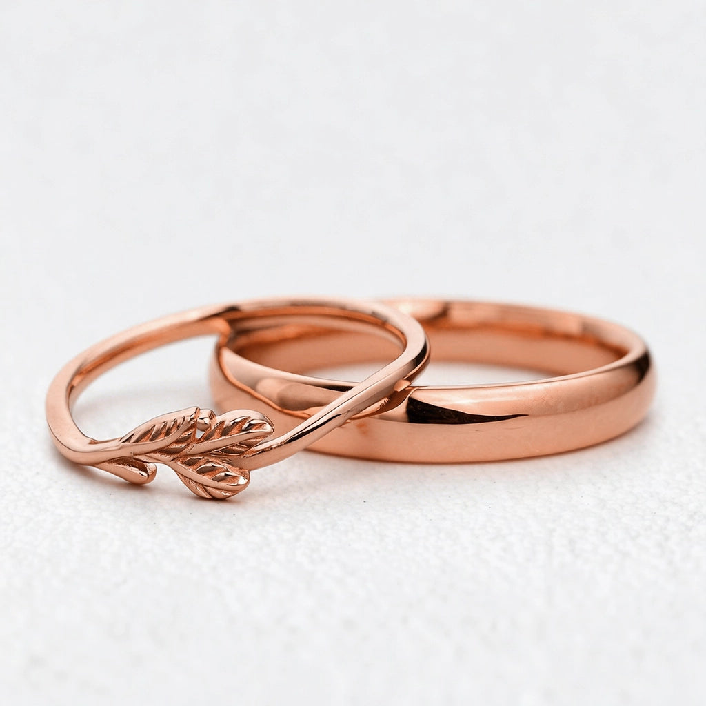 The Minimalist Pair – Classic & Leaf Designs in Polished Wedding Bands.
