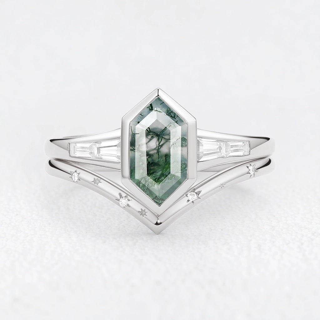 Long Hexagon Moss Agate Minimalist Bridal Ring Set 2pcs.