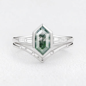Long Hexagon Moss Agate Minimalist Bridal Ring Set 2pcs.
