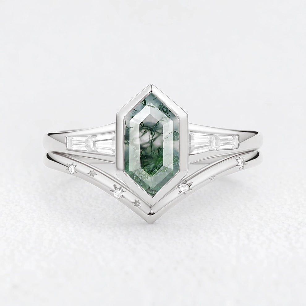Long Hexagon Moss Agate Minimalist Bridal Ring Set 2pcs.